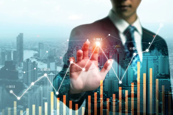 stock image Businessman analyst working with digital finance business data graph showing technology of investment strategy for perceptive financial business decision. Digital economic analysis technology concept.