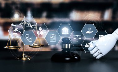 Yapay zeka yasası ve yasal hukuk düzenlemelerinin online teknolojisini tasvir eden hukuki ikonlarıyla avukatlık bürosunda avukatlık araçları kullanan robot el tarafından gösterilen yapay zeka ile ilgili hukuk kavramı