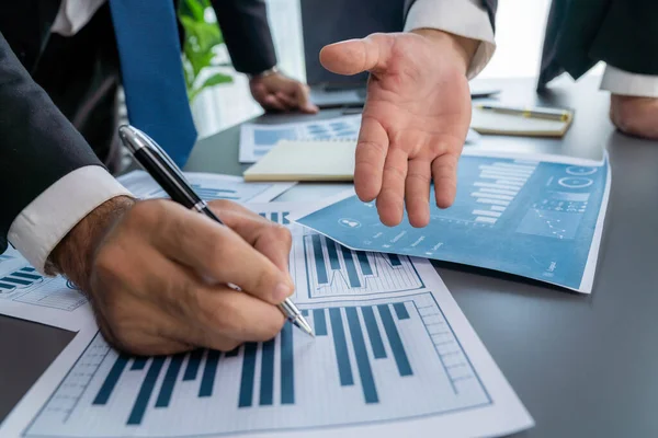 stock image Closeup busy analyst team discussing financial data on digital dashboard, analyzing chart and graph using data science software display on a laptop screen. Business intelligence and Fintech. Fervent