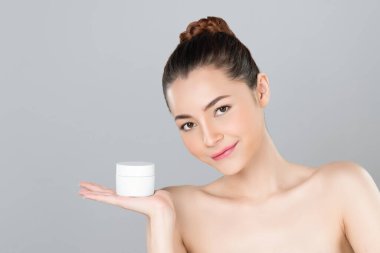 Glamorous beautiful perfect cosmetic skin with soft makeup woman portrait hold mockup jar cream or moisturizer for skincare treatment and anti-aging product advertisement in isolated background.