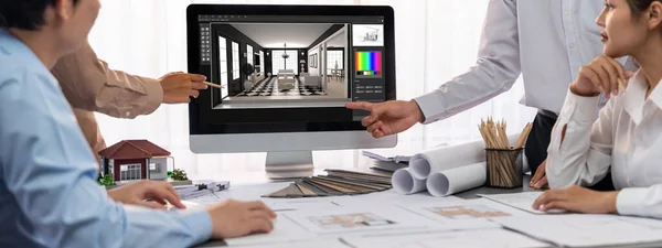 Group Interior Architect Designer Discussing Together Blueprint Laptop Screen Display — Stock Photo, Image