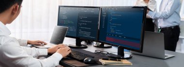 Yazılım geliştirme ekibi ofiste birlikte çalışıyor, bilgisayar ekranında betik görüntülemesi kodluyor. Teknoloji geliştirici şirketinde çalışan programcı ve yazılım mühendisi. Önde.