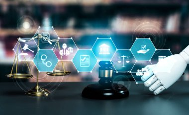 Yapay zeka yasası ve yasal hukuk düzenlemelerinin online teknolojisini tasvir eden hukuki ikonlarıyla avukatlık bürosunda avukatlık araçları kullanan robot el tarafından gösterilen yapay zeka ile ilgili hukuk kavramı