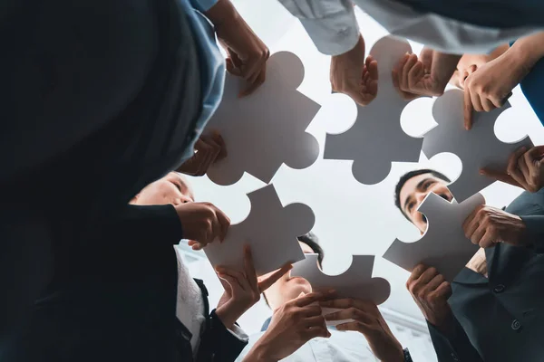 View Diverse Corporate Officer Workers Collaborate Office Connecting Puzzle Pieces — Stock Photo, Image