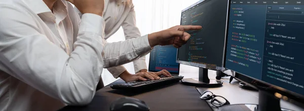 Software Development Team Working Together Office Coding Script Display Computer — Stock Photo, Image