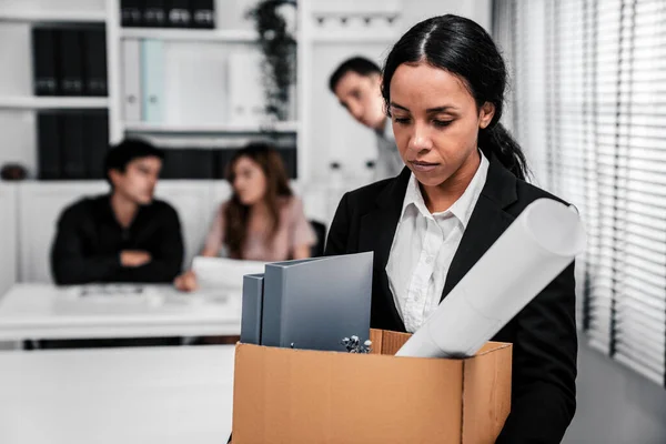 Depressed Disappointed Employee Packing Her Belongings Being Fired Being Competent — Stockfoto
