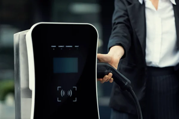 Focus Charger Plug Electric Car Public Charging Station Blur Progressive — Zdjęcie stockowe