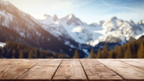 Empty Wooden Table Top Blur Background Alpine Snow Capped Exuberant — Stock Photo, Image