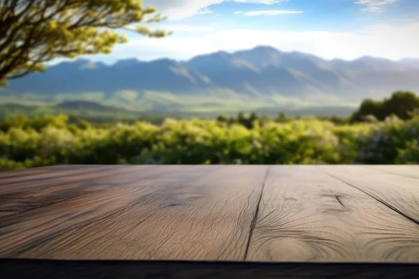 Prázdná Dřevěná Hnědá Deska Stolu Rozmazaným Pozadím Přírody Nového Zélandu — Stock fotografie