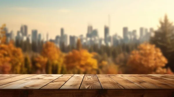 Üres Asztali Teteje Ősszel Természet Homályos Hátterével Túláradó Kép — Stock Fotó