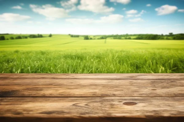 Empty Wooden Brown Table Top Blur Background Farmland Blue Sky — Stock Photo, Image