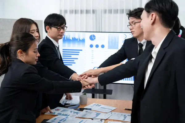 Closeup Business Team Suit Clad Businessmen Women Join Hand Stack — Fotografia de Stock