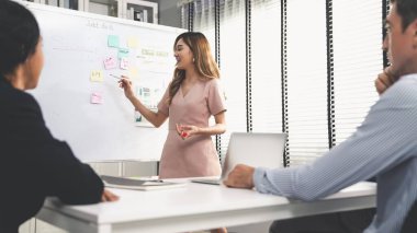 Competent office workers from various nationalities are debating, discussing and brainstorming in the meeting room. A group of employees is collaborating to achieve their business objectives.