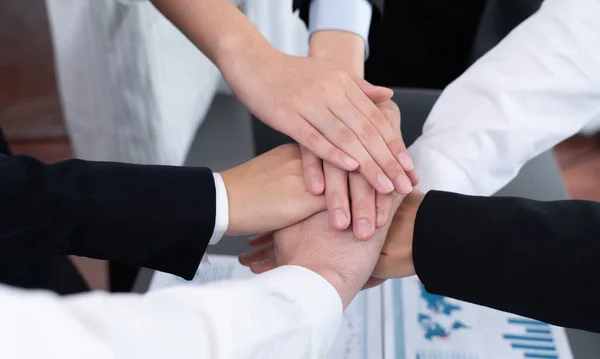 Top View Closeup Business Team Suit Clad Businesspeople Join Hand — Photo