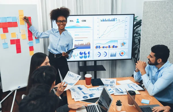 Junge Afrikanische Geschäftsfrau Präsentiert Datenanalyse Armaturenbrett Auf Bildschirm Modernen Meeting — Stockfoto