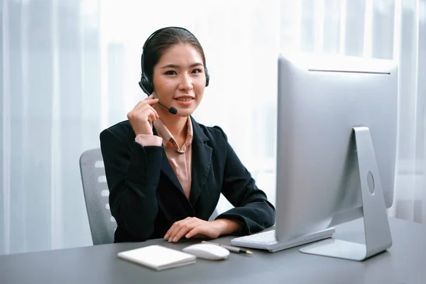 Asian Call Center Headset Microphone Working Her Workspace Looking Camera — Stock Photo, Image