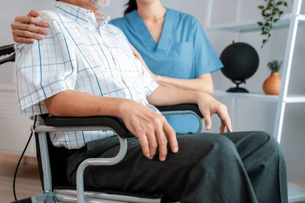 Caring Nurse Contented Senior Man Wheel Chair Home Nursing House — Foto de Stock