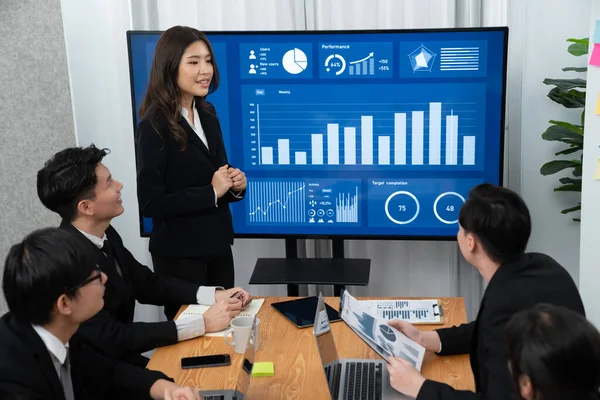 Confidence Young Asian Businesswoman Give Presentation Financial Business Strategy Dashboard — Photo