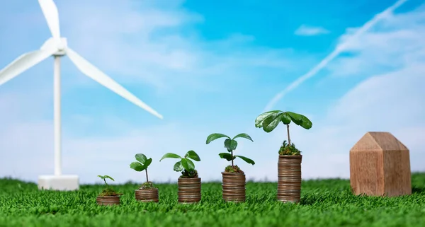 Eco business investment or environment conservation subsidize concept, coin stack with growing seedling on top and wind turbine. Sustainable financial growth with clean and renewable energy. Alter