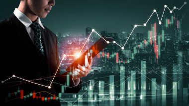 Businessman analyst working with digital finance business data graph showing technology of investment strategy for perceptive financial business decision. Digital economic analysis technology concept.