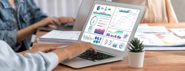 Panorama analist ekibi, FBI Fintech 'i kullanarak dizüstü bilgisayarla mali raporu analiz ediyor. İş adamları iş görüşü için dizüstü bilgisayarda gösterilen kontrol panelini inceliyor. İnceleyin