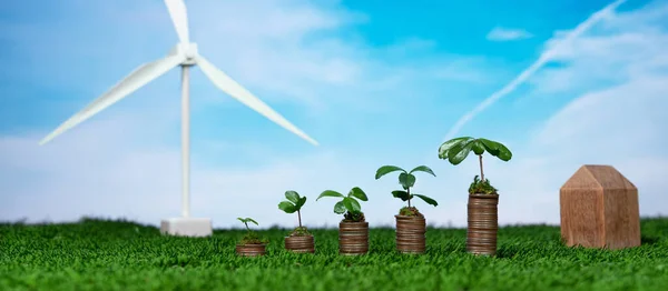 生态商业投资或环境保护补贴概念 硬币堆栈与生长苗木顶部和风力涡轮机 清洁和可再生能源的可持续金融增长 改变了 — 图库照片