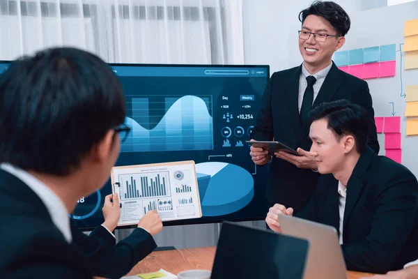 Harmony Group Businesspeople Meeting Room Presentation Dashboard Financial Data Displayed — Stock Fotó