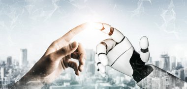 3D Rending Futuristic robot teknolojisi geliştirme, yapay zeka yapay zeka ve makine öğrenme konsepti. Gelecekteki insan hayatı için küresel robot biyonik bilim araştırması. 3B illüstrasyon