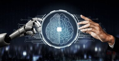 3D Rending Futuristic robot teknolojisi geliştirme, yapay zeka yapay zeka ve makine öğrenme konsepti. Gelecekteki insan hayatı için küresel robot biyonik bilim araştırması. 3B illüstrasyon