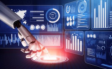 3D Rending Futuristic robot teknolojisi geliştirme, yapay zeka yapay zeka ve makine öğrenme konsepti. Gelecekteki insan hayatı için küresel robot biyonik bilim araştırması. 3B illüstrasyon
