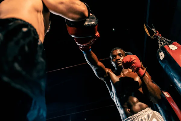 アフリカ系アメリカ人のブラックボクサーは ジムでボクシングバッグトレーニング機器としてパンチングミットを身に着けてトレーナーやコーチでパンチ プロボクシングの試合のための強さとスタミナトレーニング インペトゥス — ストック写真