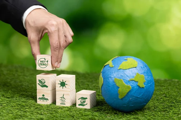 Бізнесмен Рука Паперовим Глобусом Чистим Нульовим Кубом Символів Екологічної Обізнаності — стокове фото