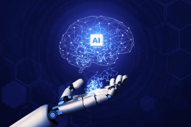 3D Rending Futuristic robot teknolojisi geliştirme, yapay zeka yapay zeka ve makine öğrenme konsepti. Gelecekteki insan hayatı için küresel robot biyonik bilim araştırması. 3B illüstrasyon