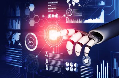 3D Rending Futuristic robot teknolojisi geliştirme, yapay zeka yapay zeka ve makine öğrenme konsepti. Gelecekteki insan hayatı için küresel robot biyonik bilim araştırması. 3B illüstrasyon