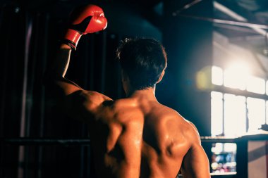 Muzaffer Muay Thai boksörü zaferle poz veriyor, güçlükle kazandığı zaferinin tadını çıkarıyor ve güçlü ve kaslı vücudunu gururla sergiliyor. Impetus