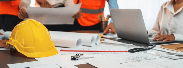 Engineer Partner Drawing Working Blueprint Design Together Office Table Architectural — Stock Photo, Image