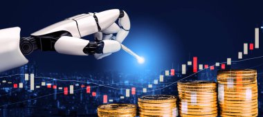 3D Rending Futuristic robot teknolojisi geliştirme, yapay zeka yapay zeka ve makine öğrenme konsepti. Gelecekteki insan hayatı için küresel robot biyonik bilim araştırması. 3B illüstrasyon