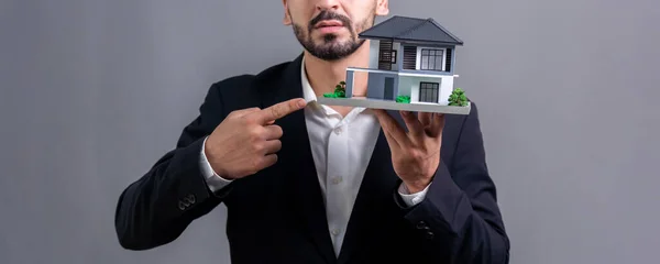 Real Estate Agent Hold House Model Sample Isolated Background Housing — Stock Photo, Image