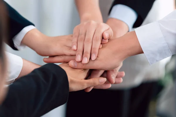 Top View Closeup Business Team Suit Clad Businesspeople Join Hand — Stock Fotó