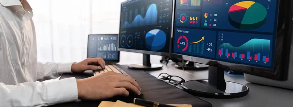 Stock image Analyst working on data analysis or BI dashboard on computer monitor. Businessman analyzing financial data by Fintech in corporate office for business marketing and strategy planning. Trailblazing