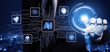 3D Rending Futuristic robot teknolojisi geliştirme, yapay zeka yapay zeka ve makine öğrenme konsepti. Gelecekteki insan hayatı için küresel robot biyonik bilim araştırması. 3B illüstrasyon