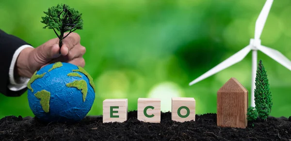 Businessman Grow Tree Paper Globe Eco Cube Symbol Fertile Soil — Stock Photo, Image