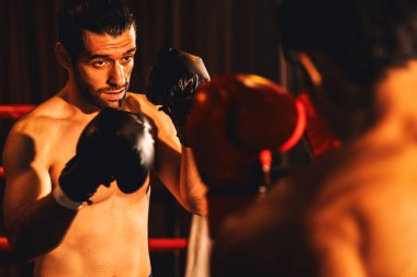 İki atletik ve kaslı vücut boksörü vahşi bir boks maçında karşı karşıya. Boks dövüşçüsü boks ringinde dövüşüyor. Impetus