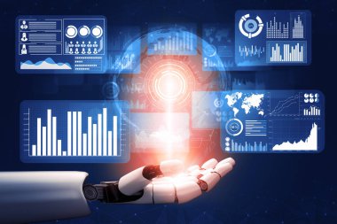 3D Rending Futuristic robot teknolojisi geliştirme, yapay zeka yapay zeka ve makine öğrenme konsepti. Gelecekteki insan hayatı için küresel robot biyonik bilim araştırması. 3B illüstrasyon