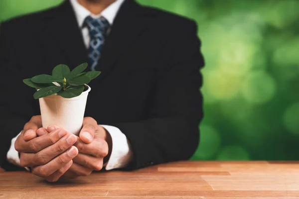 Empresário Segurando Vaso Planta Com Mão Promovendo Regeneração Florestal Consciência — Fotografia de Stock