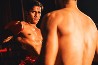 Asyalı ve Kafkasyalı Muay Thai boksörü boks maçında güçlerini serbest bırakıyor. Güçlü kaslı Taylandlı boksör acımasız dövüş hünerleriyle yumruk atıyor. Impetus