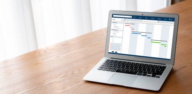 Ekip projesinin zaman çizelgesini gösteren bilgisayar ekranında, modern iş projesi yönetimi için proje planlama yazılımı