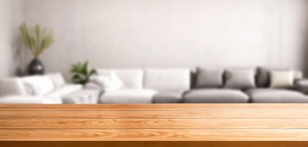 製品のディスプレイモックアップのためのテーブルの上に空のコピースペースと現代の家庭の部屋のインテリアで木製のテーブル 家具のデザインと家庭の装飾の概念 心を込めて — ストック写真