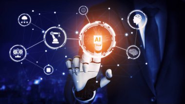 3D Rending Futuristic robot teknolojisi geliştirme, yapay zeka yapay zeka ve makine öğrenme konsepti. Gelecekteki insan hayatı için küresel robot biyonik bilim araştırması. 3B illüstrasyon
