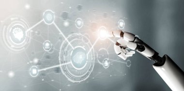 3D Rending Futuristic robot teknolojisi geliştirme, yapay zeka yapay zeka ve makine öğrenme konsepti. Gelecekteki insan hayatı için küresel robot biyonik bilim araştırması. 3B illüstrasyon